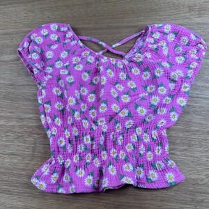 Sweet Butterfly Girls M 10/12 Pink Daisy Smocked Peplum Crop Top Floral